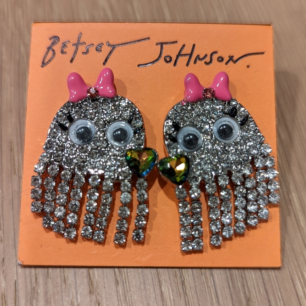 Betsey Johnson Pink Bow Crystal Googly Eye Fringe Earrings